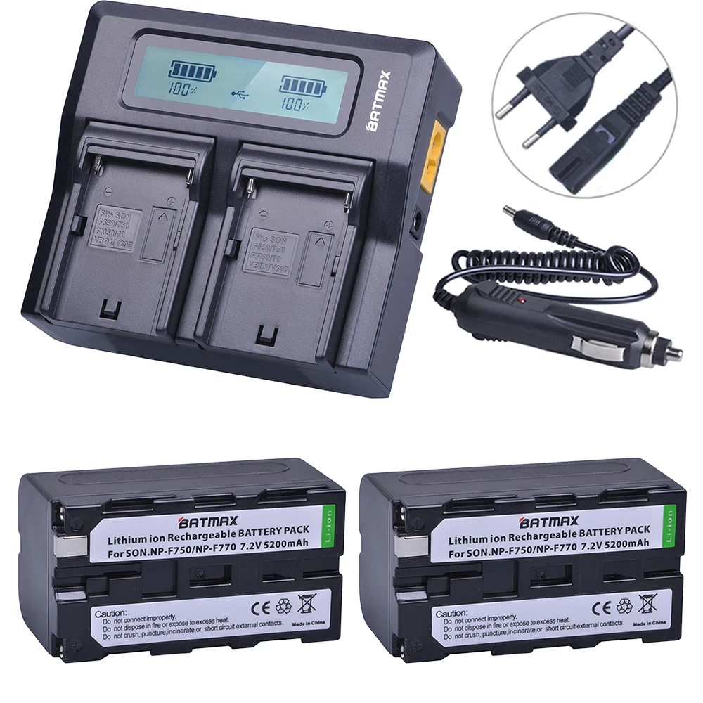 Billige 2 Stücke 5200 mAh NP F750 NP F770 NP F750 NP F770 Batterie + Schnelle LCD Dual USB Ladegerät für NP F970 F550 NP F960 F970 F950 NP F750 bat
