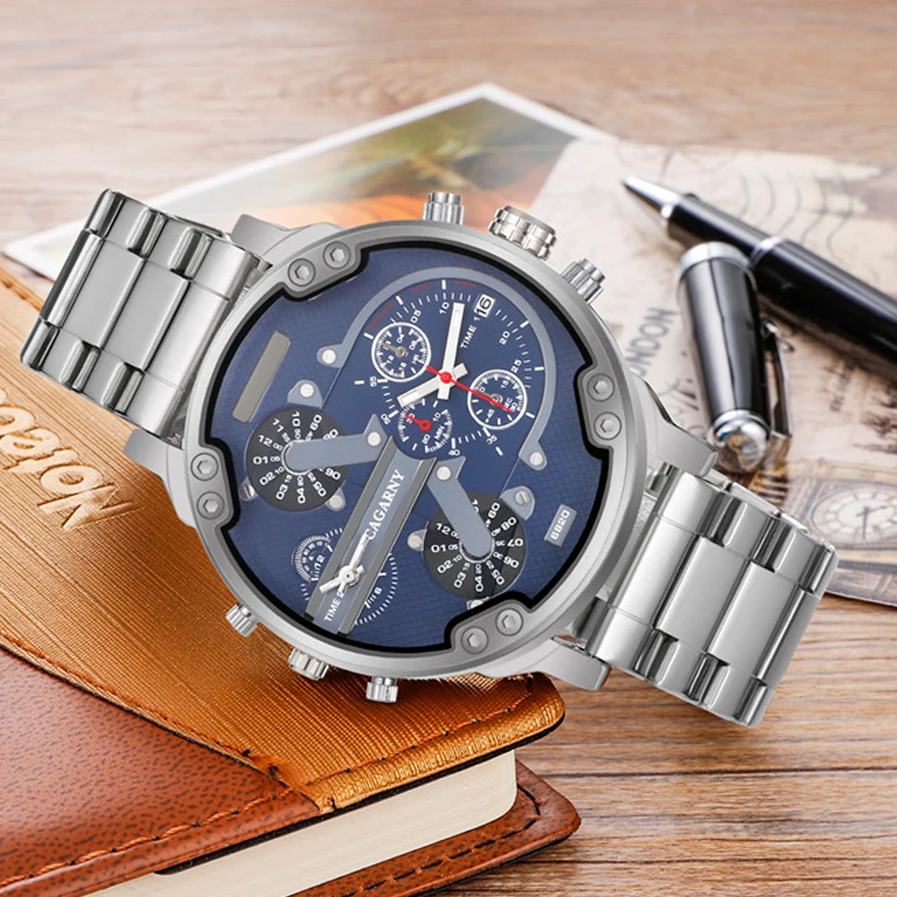 very cool dz 7314 7313 7333 7371 big case mens watches full steel band dual time zones miltiary watch men quartz wrist watch free shhipping (64)