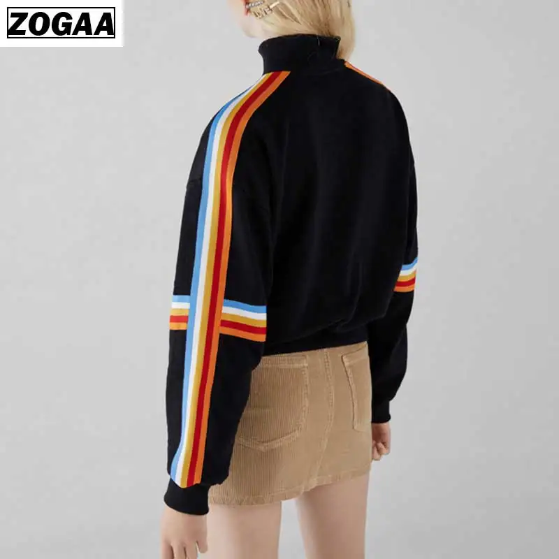 Rainbow Loose High-collar Black Women Hoodies Stand Collar Zipper Long Sleeves Sport Clothes 2019 Spring Summer Ladies'Wear A63