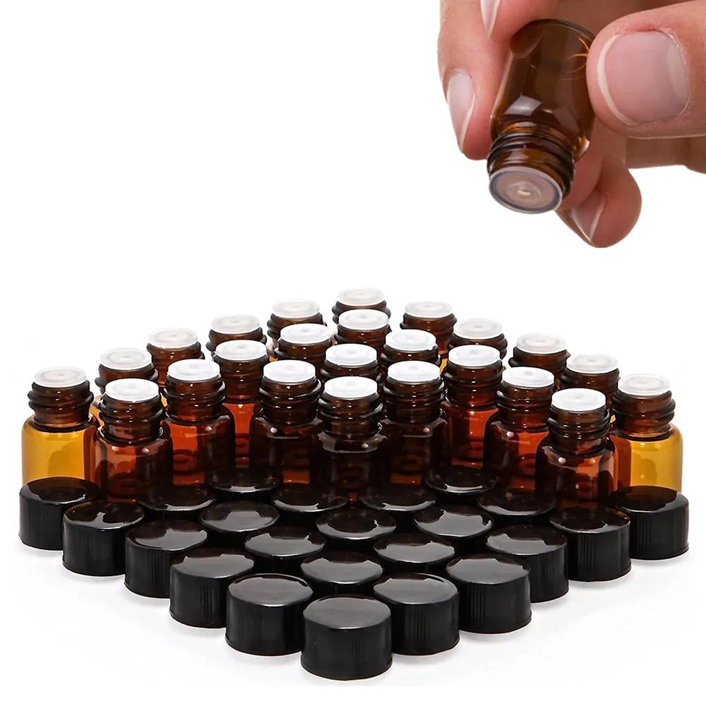 

24pcs 1ml 2ml Essential Oil Sample Bottle Empty Amber Glass Mini Vials with Orifice Reducer Black Lids for doTERRA Young Living