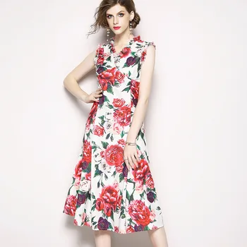 

HAMALIEL Women Brand Clothing 2018 Summer Chiffon Sleeveless Print Rose Floral Vintage Ruffles V Neck Mermaid Party Midi Dress