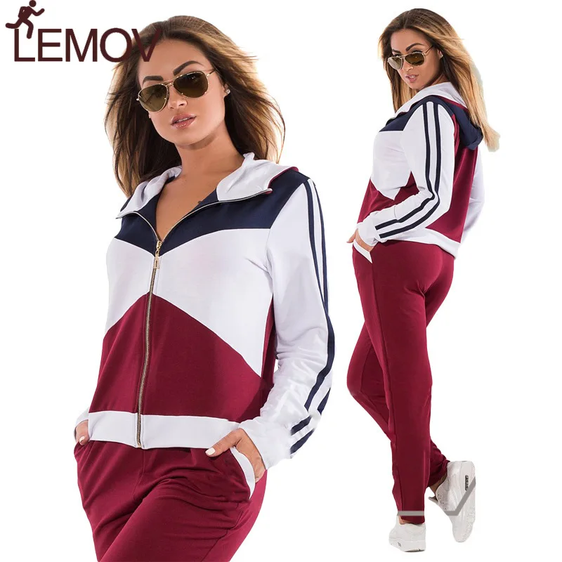 

LEMOV Stitching Color 2 Piece Fitness Set Women Slim Jogging Suits for Women Breathable Polyester/spandex Fabrics Running Sets