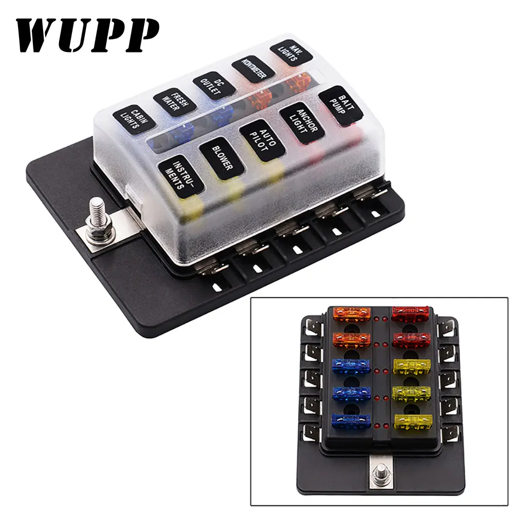 

WUPP 10 Way Blade Fuse Box Holder with LED Warning Light Kit for Car Boat Marine Trike 12V 24V CS-579B3