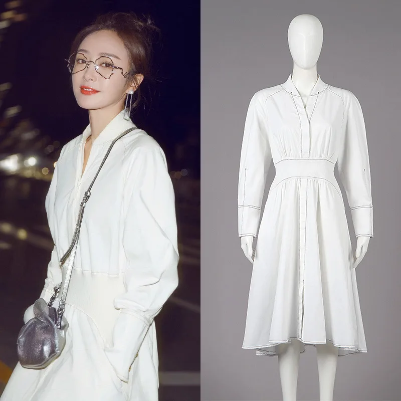 

Milan Fashion Week Qin LAN White Dress Female Fall New Long Sleeves Medium Tight Waist Thin A Dress Women 2019 V-Neck