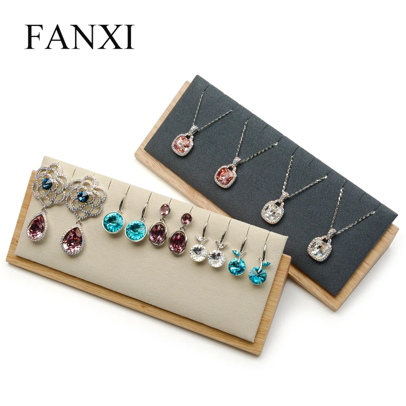 FANXI Solid wood Beige&Dark gray necklace pendant display stand with microfiber Insert for Exhibition Jewelry Earring Holder Jewelry Packaging