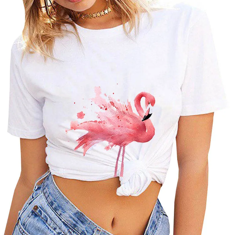 

Women's Summer T-Shirts Harajuku Kawaii Cartoon Pink Flamingo Tee Shirt Femme Casual O-Neck Short Sleeve Tops