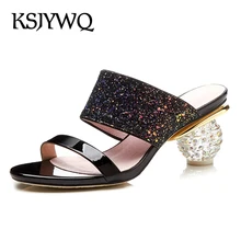 

KSJYWQ Sexy Open-toe Women Mules Transparent 7 CM Chunky Heels Summer Style Crystal Slippers Party Pumps Woman Box packing T2-53