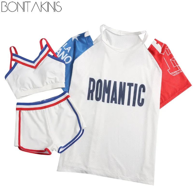 

Bonitakinis Sports Swimsuit Women 2019 Korean Bikini Blouse three Piece Swimwear Conservative Bikini Set Bathing Suits