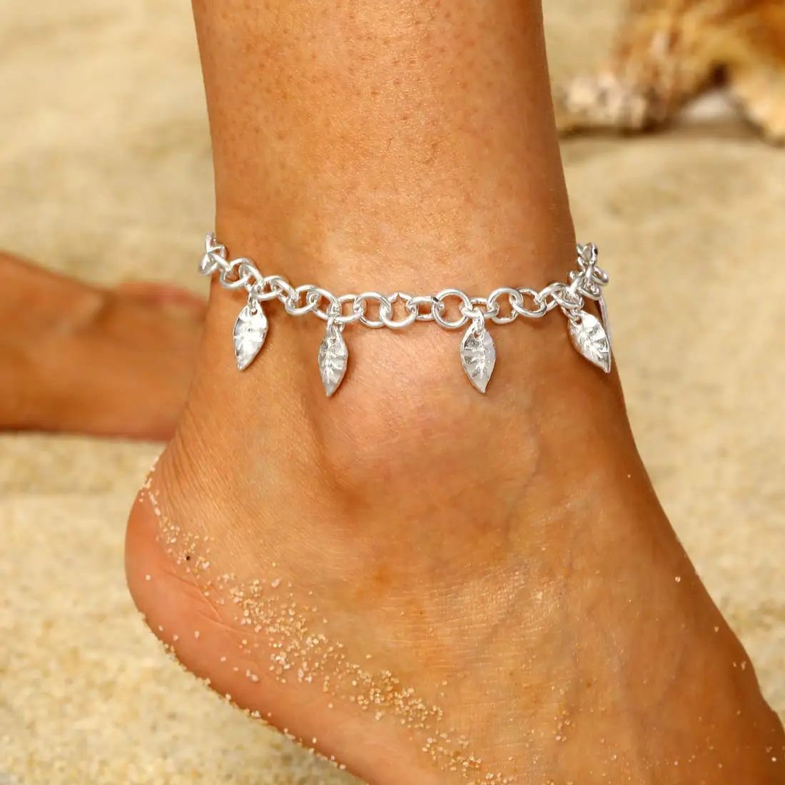 Fashion Silver Color Leaf Pattern Anklet Link Chain Silver Color Summer