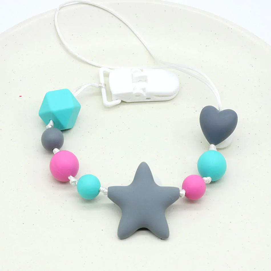 

Personalized Silicone Baby Teether Pacifier Clip with Safe ABS beads Silicone pacifier chain Holder For baby teething chew toy