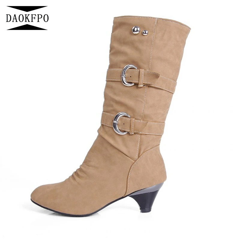 

DAOKFPO Factory Direct Selling Size 34-43 Women's Boots Pointed Toe Motorcycle Boot Mid-Calf PU Leather Buckle Short Plush Shoes