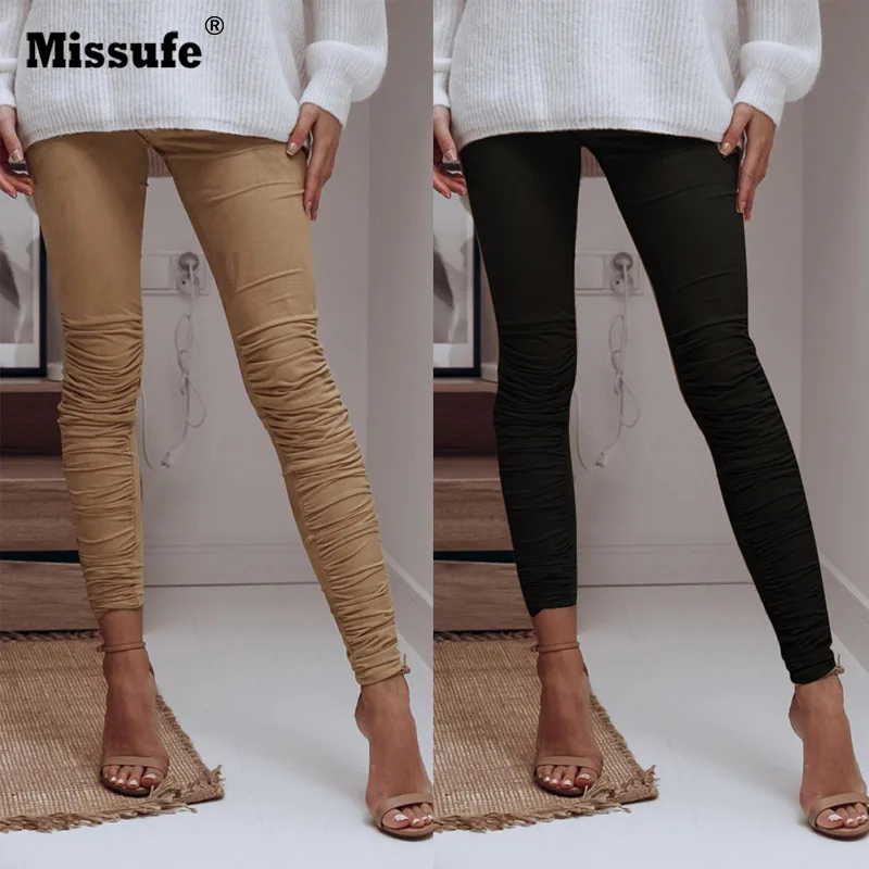 Missufe Pleated Long Pants Women Sheath Khaki Black