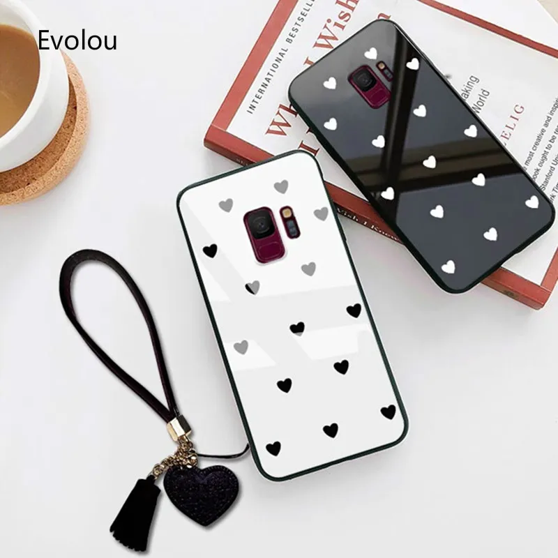 

Tempered Glass Love Heart Hard Cover for Samsung Galaxy A8 Plus A7 A5 A9 J4 J6 2018 A40S A9S A9 Star Pro Tassel Lanyard Cover