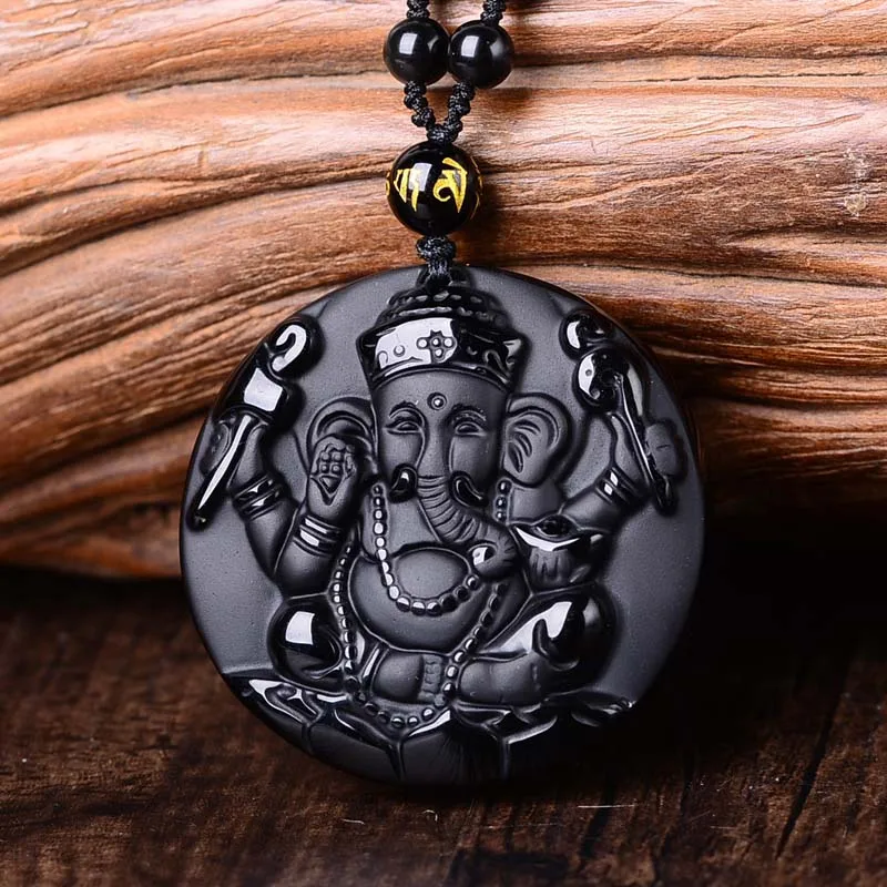 

Natural Obsidian Stone Pendant Carved Elephant God Pendant Necklace Patron saint Pendant Gift for Men's Jades Stone Jewelry