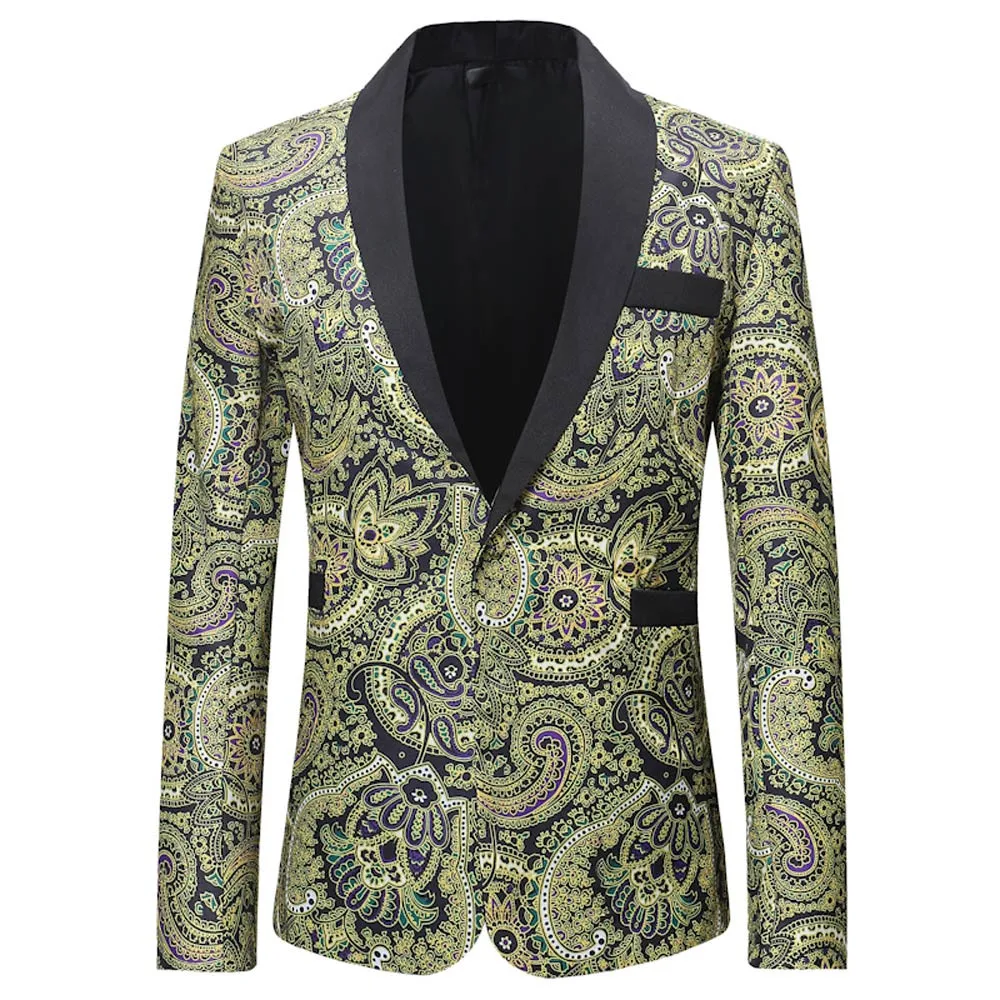 

LOLDEAL Stylish Gold Tulips Pattern Casual Blazer Men Suit Jacket Gentleman Wedding Grooms Slim Fit Fashion Coat Outfit