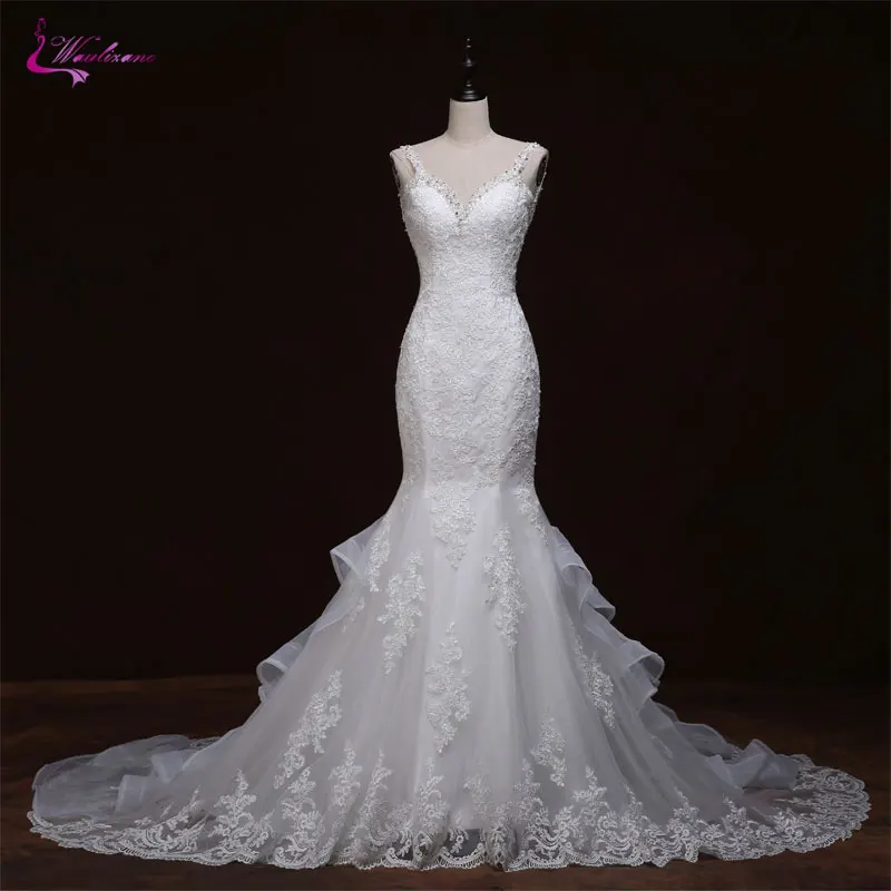 

Waulizane Charming Appliques Tulle V-Neck Mermaid Wedding Dresses Brush Train Backless Spaghetti Straps Beadings Bride Gowns