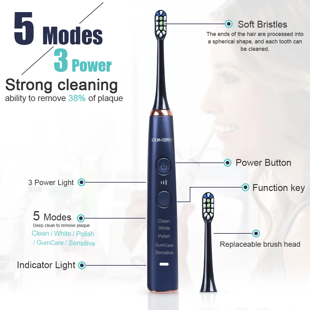 KOMERY New Electric Toothbrush Waterproof IPX7 5 Modes 3 Intensities 50000 Strokes/min 4 Pcs DuPont