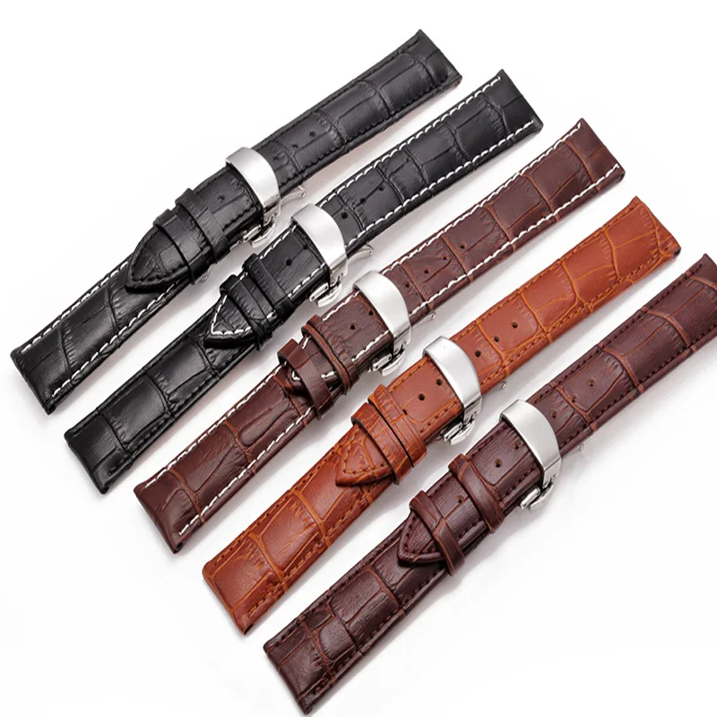Watchbands Leather WatchBand Stainless Steel butterfly Clasp Watch Band Leather Strap 18 20 mm Watchbands Leather WatchBand Stainless Steel butterfly Clasp Watch Band Leather Strap 18 20 mm