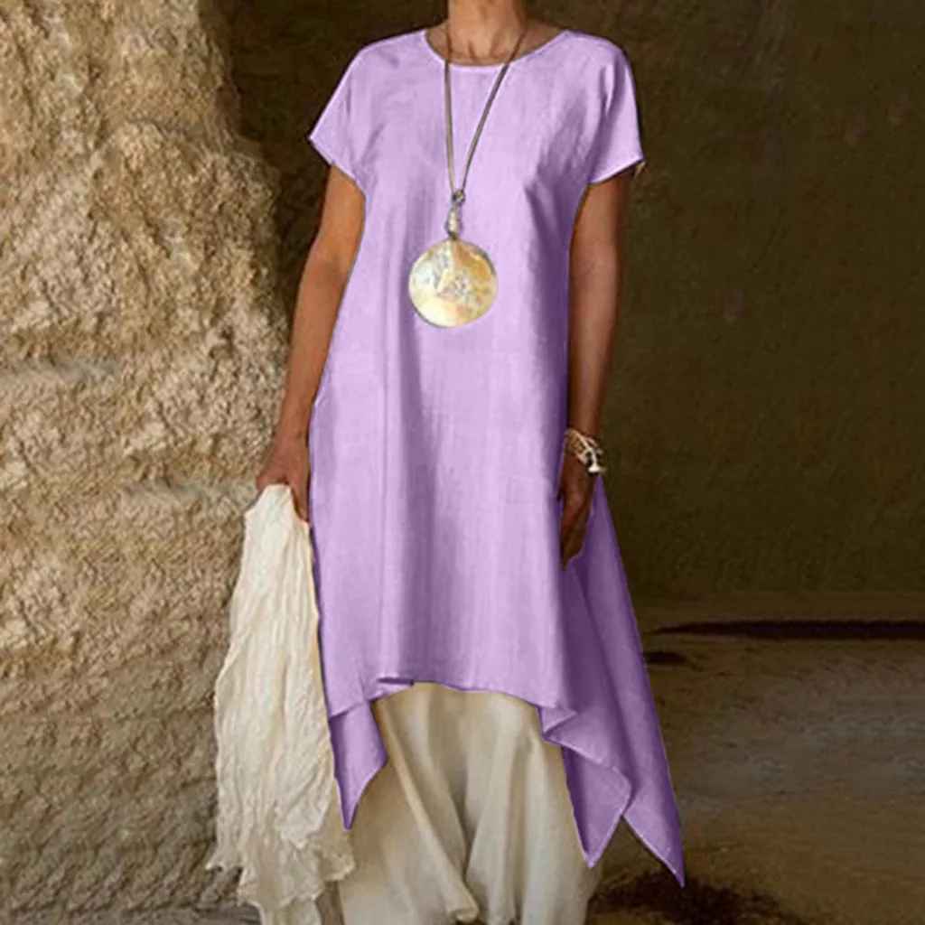 

plus size dress summer women clothes summer 2019 Women Loose Casual Pure Color O Neck Short Sleeved Summer Dress sukienka45#G8