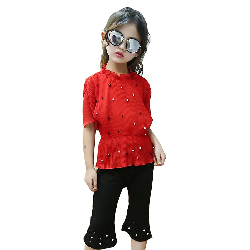 Children Clothing Sets For Girls Chiffon Outfits Short Sleeve Pearl T shirts & Wide Leg Pants