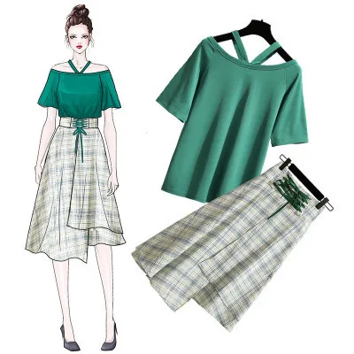 Two piece set skirt set plaid set green off shoulder top Women Round Neck short Sleeve Elegant 