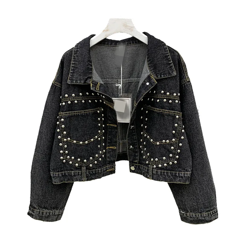 

PERHAPS U Women's Short Cropped Denim Blue Black Jacket Button Long Sleeves Jean Turn Down Collar Pocket Rivet C0112