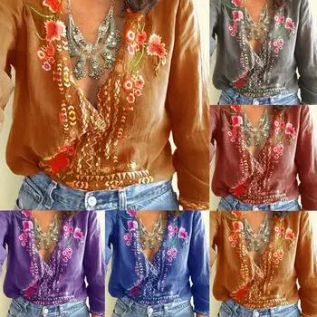 

New Hot Sale Large Size Boho Women's Floral Embroidery Summer Top Blouses Long Sleeve Beach Loose Blouse Tops Shirts Clothes