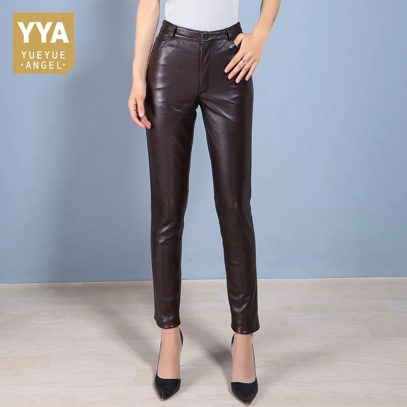 Elegante Kantoor Dames Skinny Hoge Taille Lederen Broek Vrouwen Broek Slim Fit Volledige Lengte Potlood Broek Plus Size 4XL Elegante Kantoor Dames Skinny Hoge Taille Lederen Broek Vrouwen Broek Slim Fit Volledige Lengte Potlood Broek Plus Size 4XL