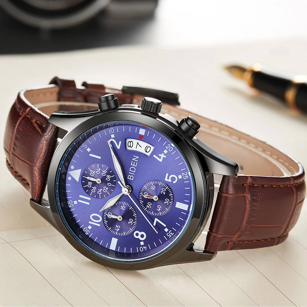 

Genuine Leather Watch Band Men Business Wrist Watches Three Small Dials Quartz Watch 30m Waterproof Calendar Chronograph relojes