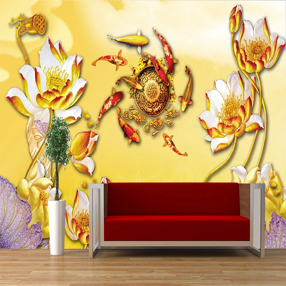 Lotus Paint Goldfish Full Wall Mural Photo Wallpaper Printing 3D Decor Kids Home