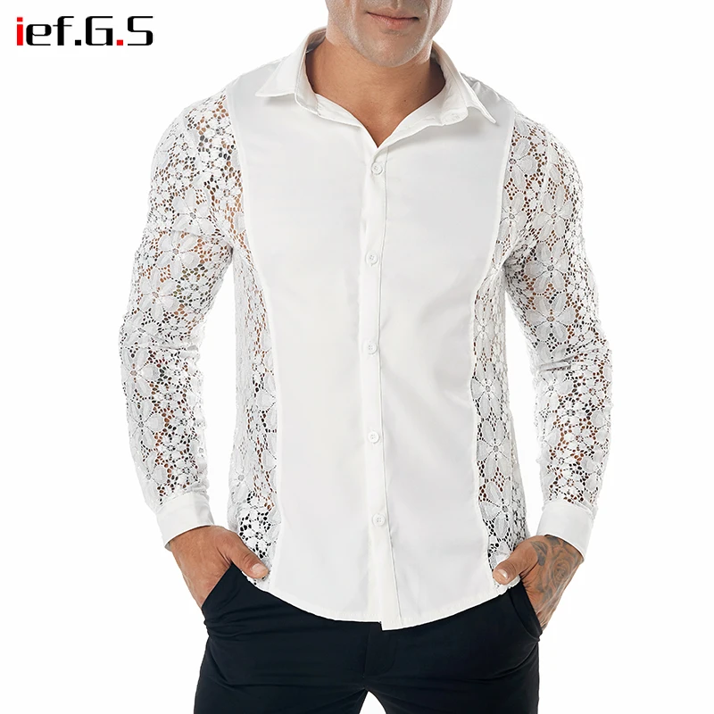 Achat IEFGS marque hommes chemise blanche casual étrange designer slim fit dentelle couture à manches longues creusé floral shirt tops streetwear