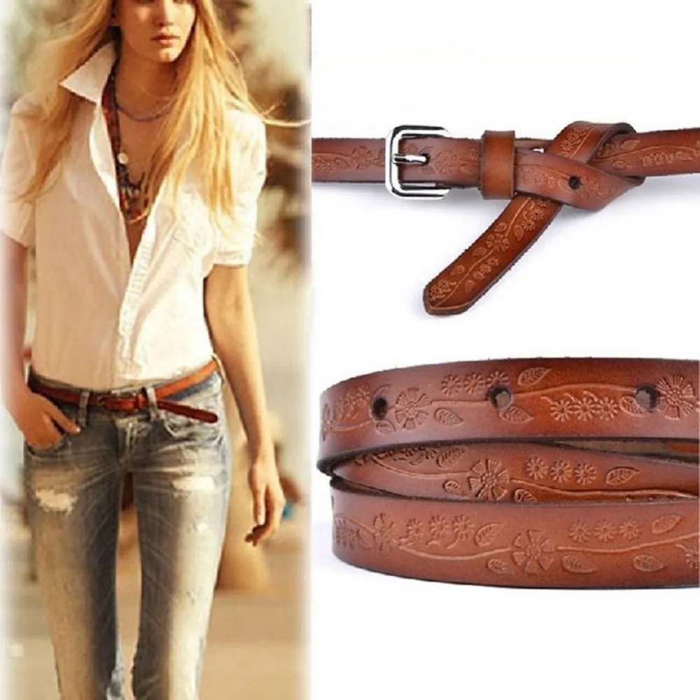 Woman Print Floral Leather Belts Genuine Leather Belt Buckle Pin Buckle Female Vintage Waistband ...