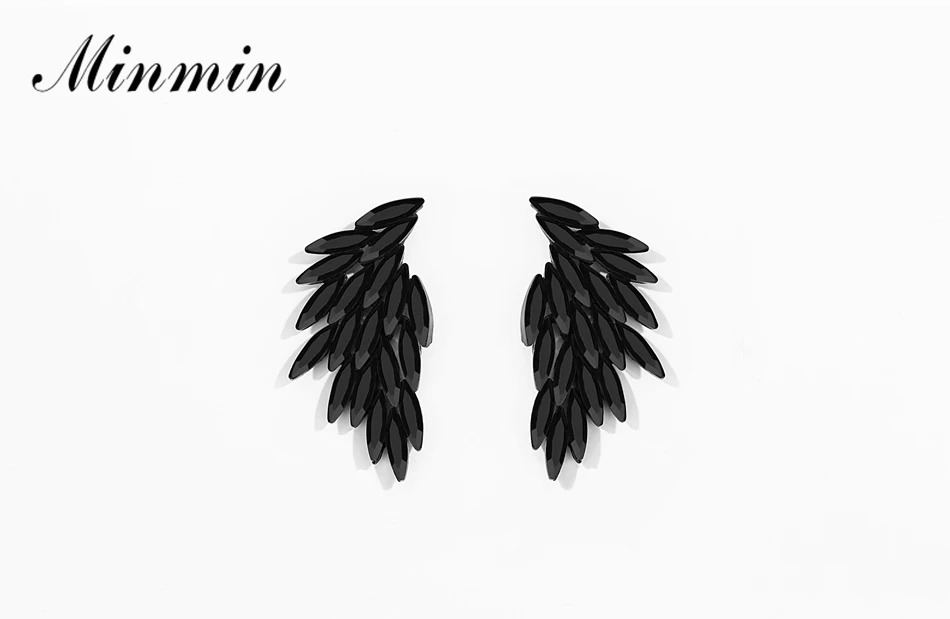 Minmin черные ангельские крылья, серьги-гвоздики с кристаллами, модные вечерние ювелирные изделия для девочек и женщин, винтажные стразы, серьги с перьями MEH1470
