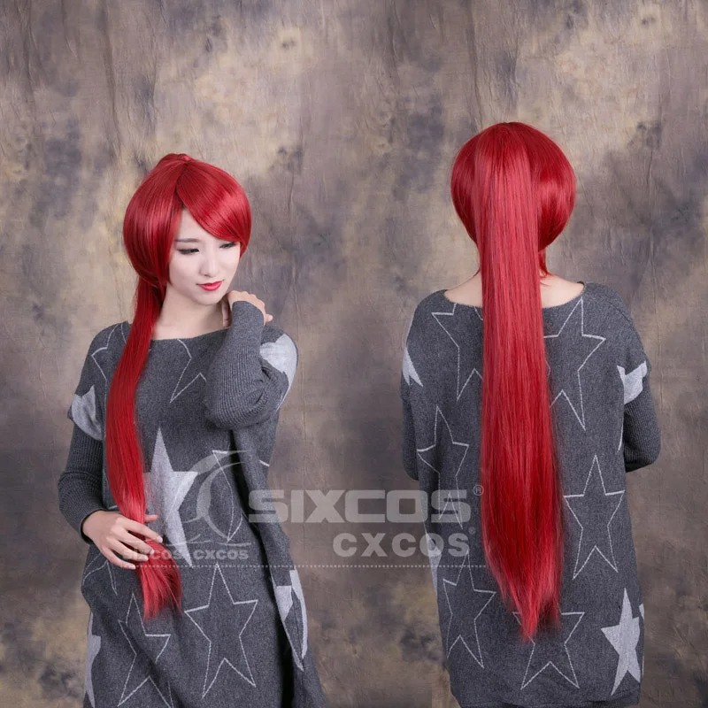 

Free Shipping 90cm Dark Red Short Hair With Tilted Bang Clamp Clip On A Full Long Straight Ponytail Synthetic Cosplay Wig Miyako