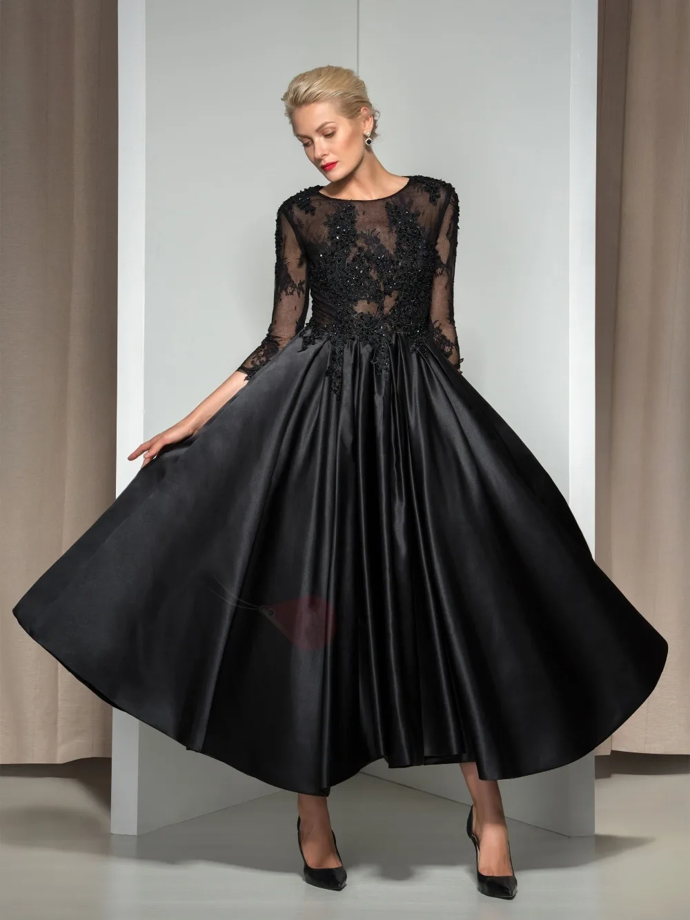 New Black Tea Length Evening Dresses 3/4 Sleeve Evening Gown Custom