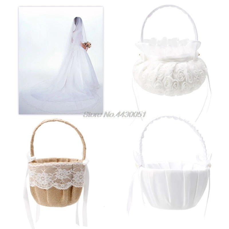 

Romantic Bowknot Burlap Satin Wedding Ceremony Party Rose Flower Girl Basket