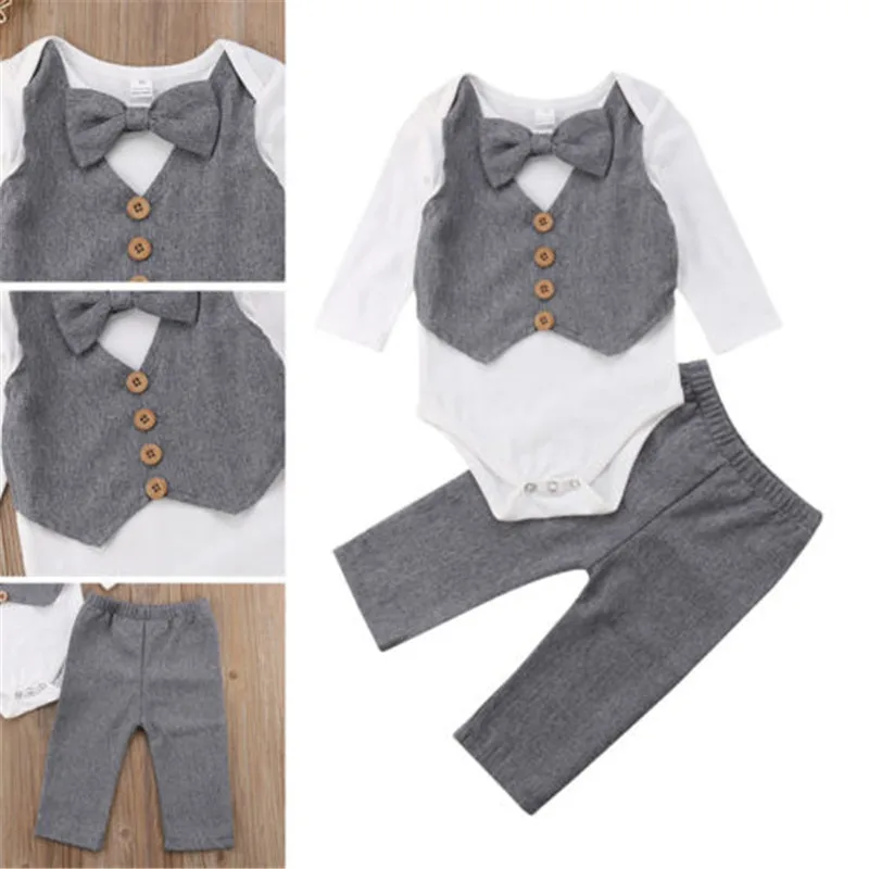 Одежда для новорожденных мальчиков однотонные штаны боди с длинными рукавами и бантиком и пуговицами, с круглым вырезом Милая Осенняя хлопковая одежда для малышей из 2 предметов