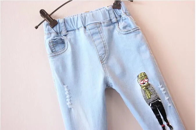 Y1530735 осенние модные детские штаны для девочек джинсовые детские штаны с принтом Повседневная джинсовая детская одежда