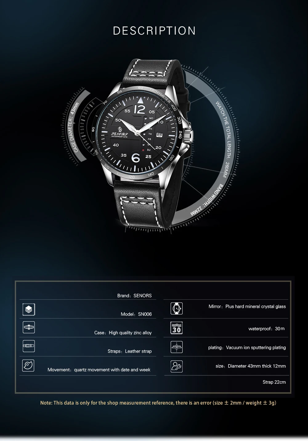 SENORS мужские часы кварцевые спортивные часы Водонепроницаемый Кожаный ремешок Военные часы Авто Дата и неделю роскошные мужские наручные