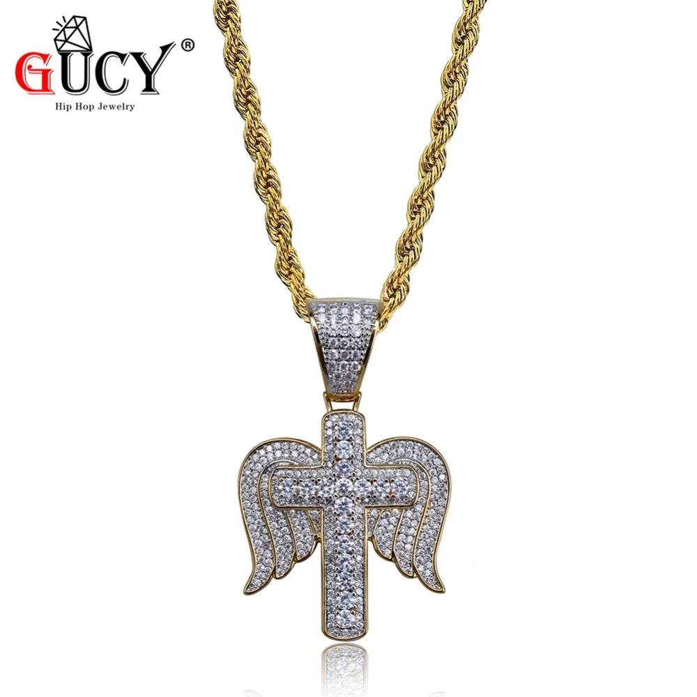 

GUCY Iced Out Religious Cross With Wings Necklace & Pendant Chain Charm Cubic Zircon Men's Hip Hop Jewelry For Gift