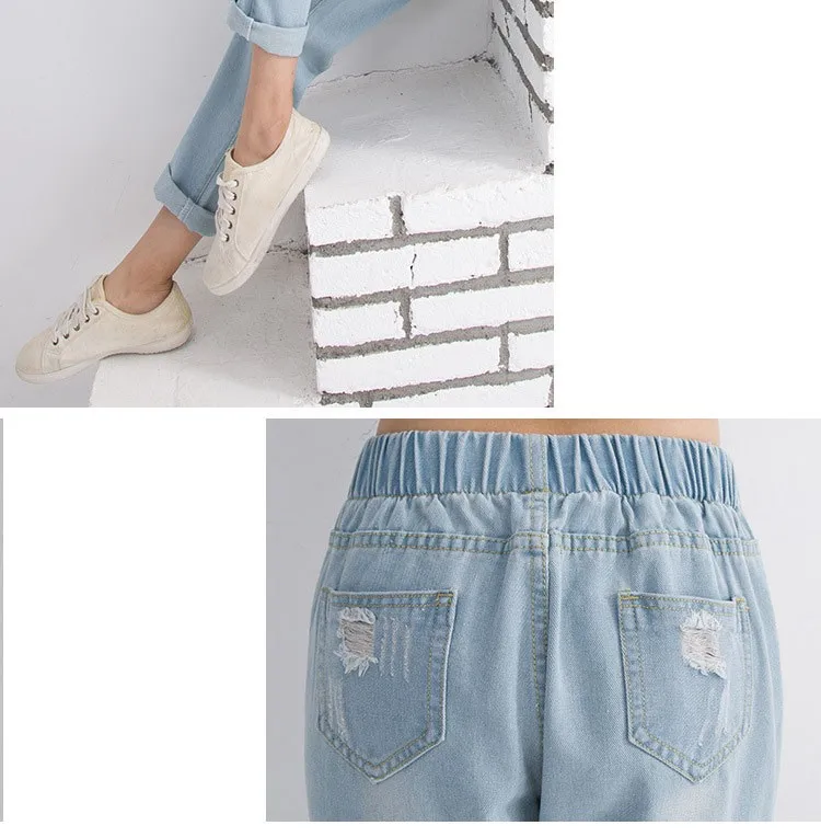 Мода, мешковатые женские джинсы с эластичной резинкой на талии, брюки-карго длиной до щиколотки, хлопковые свободные шаровары, женские рваные джинсы, женские брюки