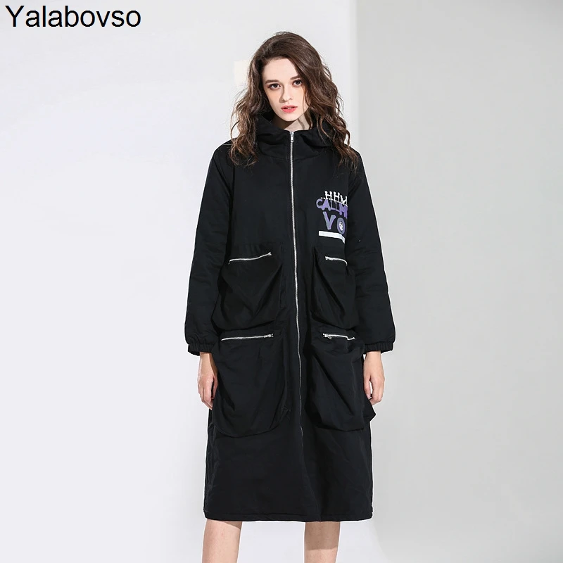 

Thick clothes Hooded Fashion Long Windcoat wear Zipper Jacket Loose Retro Plus Size Word Printing wind Coat for woman A0Az20