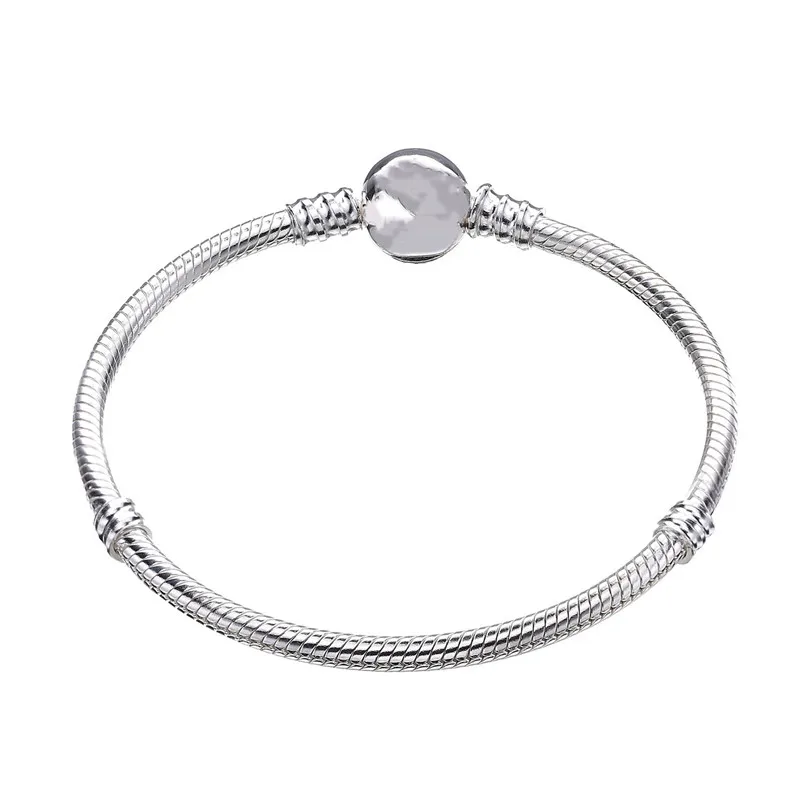 

100% 925 Sterling Silver Bead Charm Snake Chain Fit Original Moments Smooth Clasp Pandora Bracelet for Women DIY Jewelry Gift