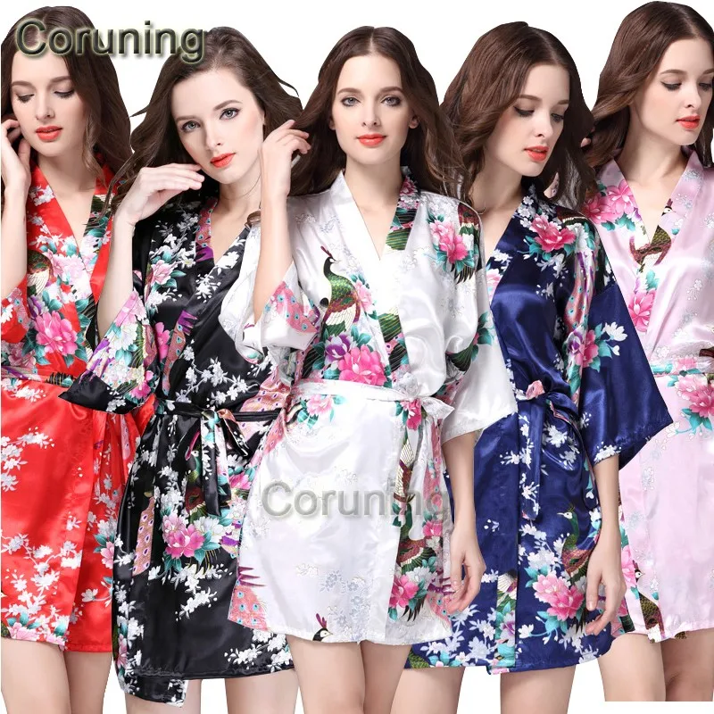 RB008 Short Style Woman Peacock Printed Silk Kimono Robes ,Wedding