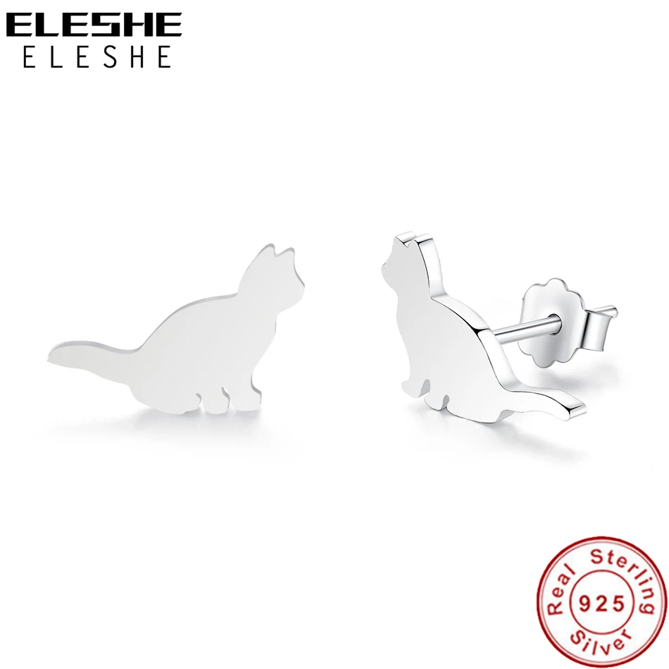 ELESHE Authentic 925 Sterling Silver Cute Cat Small Stud Earrings for Women Fashion Sterling Silver Jewelry