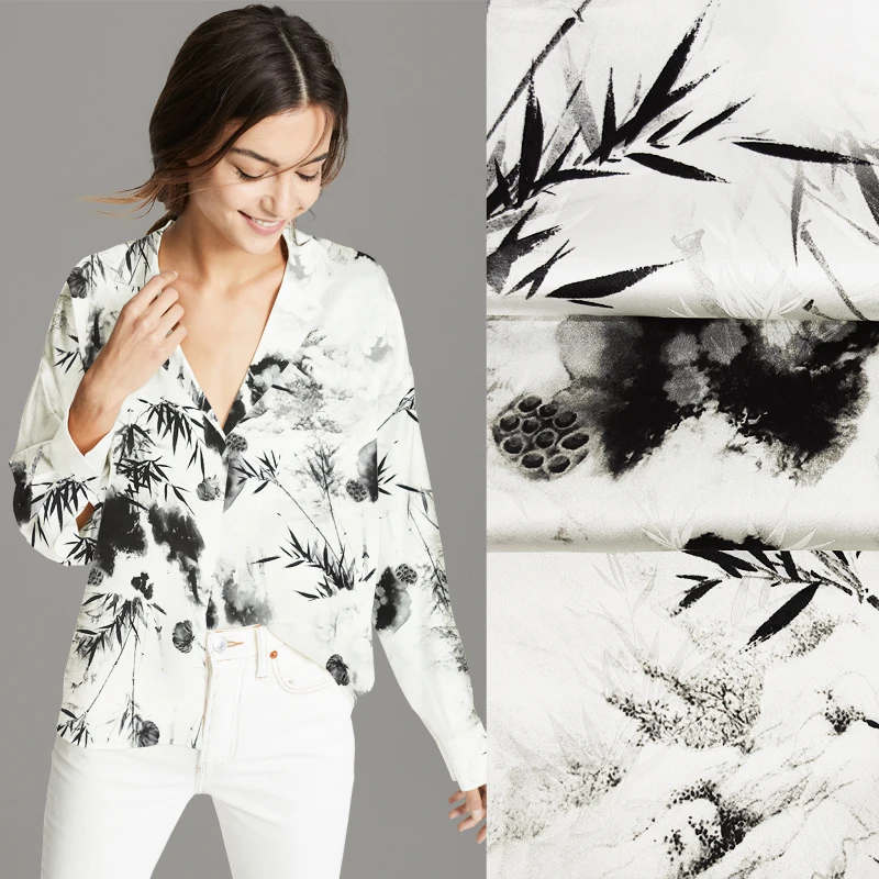 

118CM Wide 19MM Gray Floral Jacquard Stretch Smooth White Silk Satin Fabric Good for Summer Dress Skirt Shirt Pants JH002