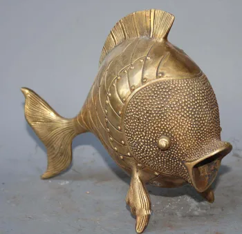 

5.9" hina Fengshui Brass Copper Hand Carving Wealth Year Fish Auspicious Statue