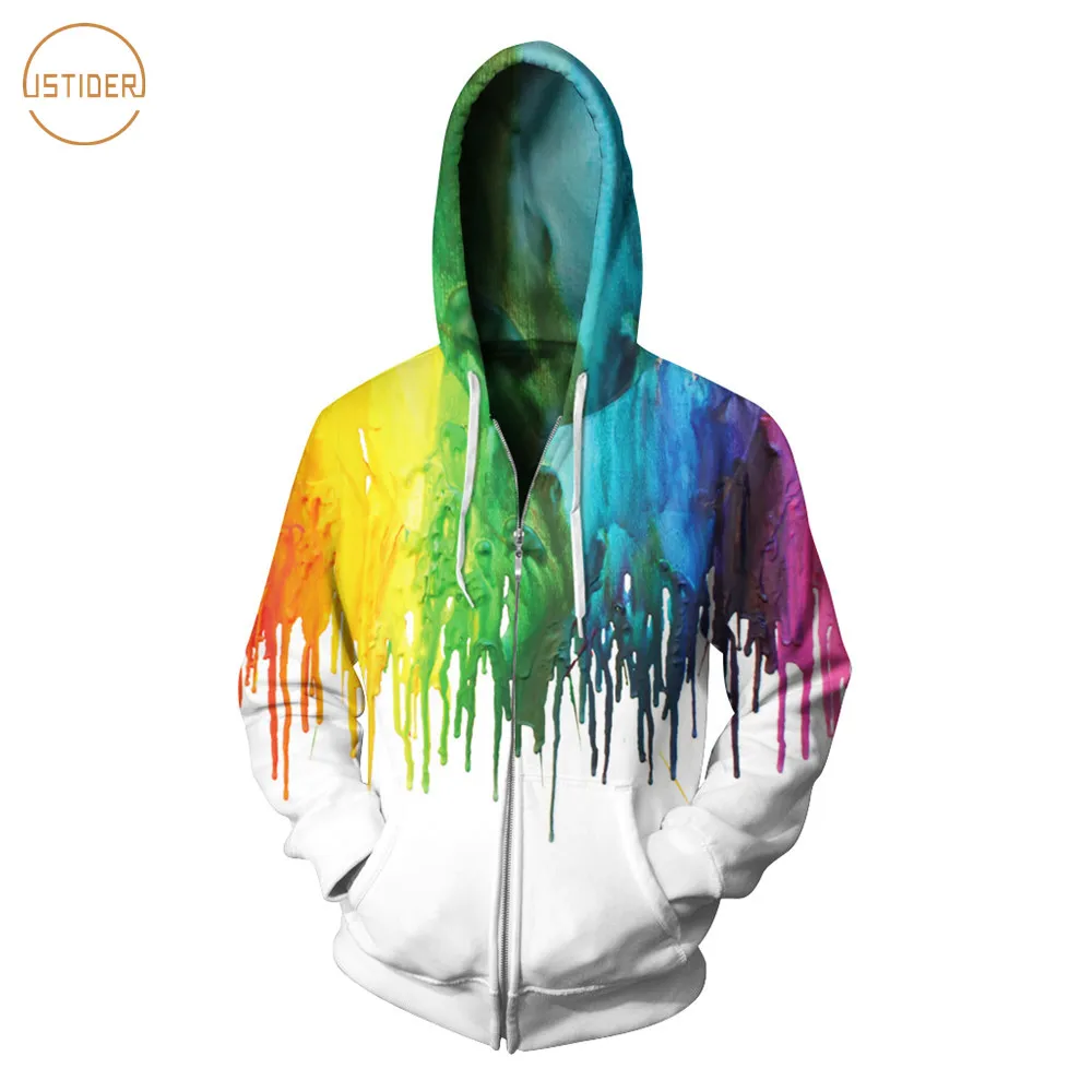 

ISTider Autumn Winter Thicken Fleece Hoodies With Cap 3D Print Colorful Flow Paint Hooded Zipper Sweatshirt Men/Women Jacket