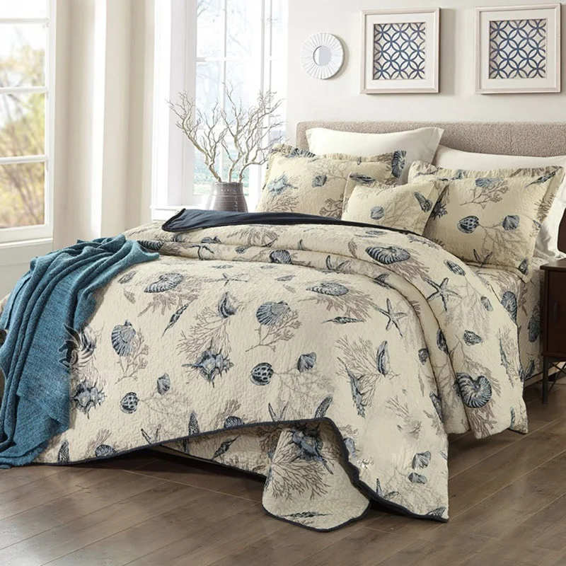 

CHAUSUB Marine Print Cotton Quilt Set 4pcs Bed Linens Quilted Bedspread Bed Cover Duvet Cover Bedding Set King Size Coverlet Set