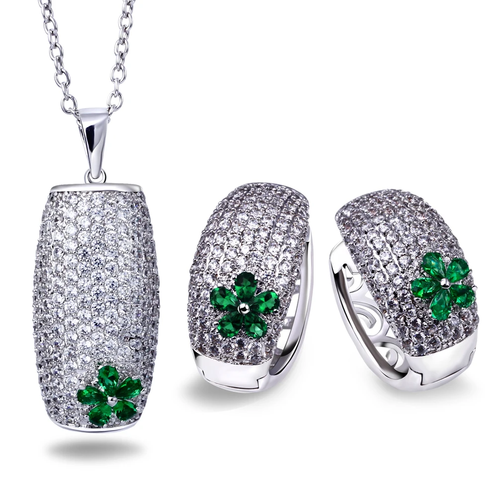 

White Color CZ Crystal Necklace Earrings Jewelry sets High Quality Fashion Women Luxury Green & Red Wedding Party